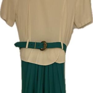Vintage Stuart Alan Cream & Green Pleated Belted Dress with Peplum